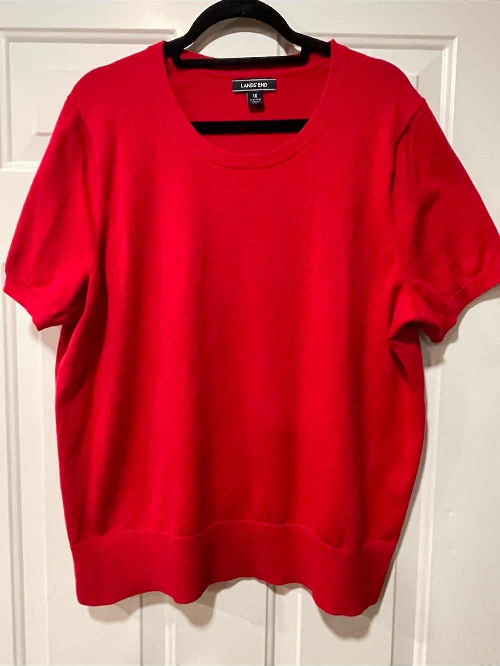 Lands' End Women's 1X Bright Red Short-Sleeve Cotton Crewneck Sweater
